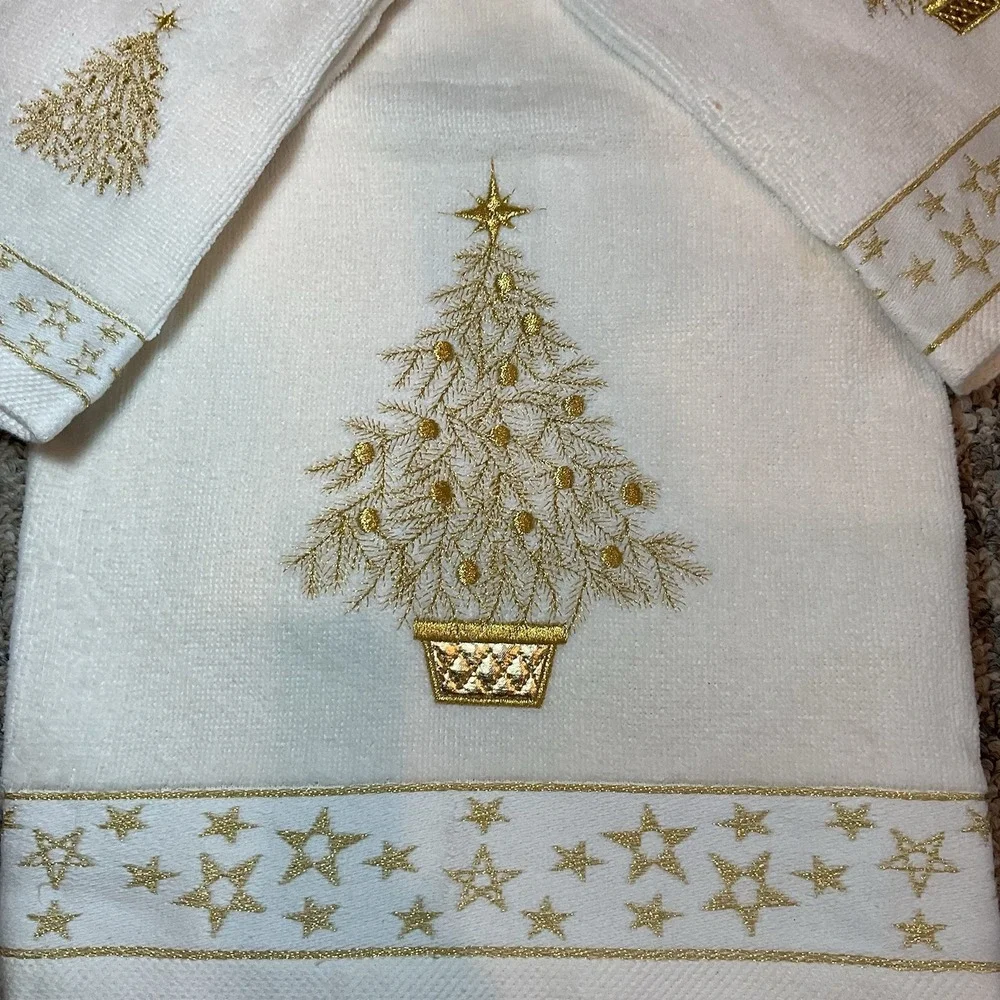 Marina Decoration Christmas Towel Set 3 Pc White Gold Tree Embroidered Cotton